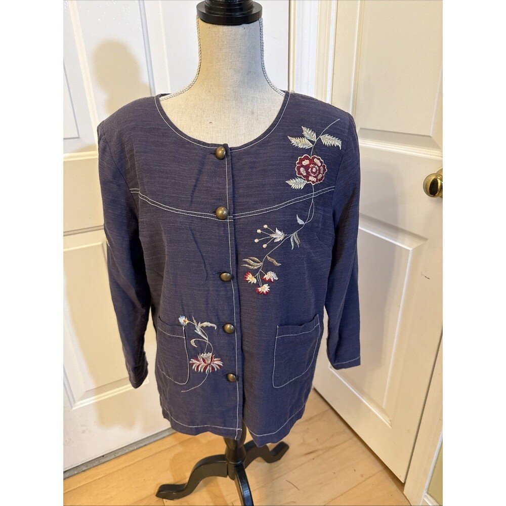 EMBROIDERY Dress Barn Navy Blue Floral Cotton Blend Light Weight Jacket Size XL